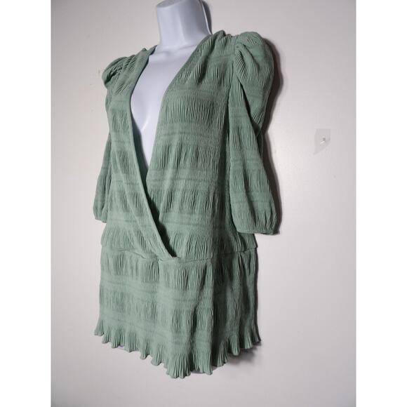 Asos Curve Design Sz 18 Top Blouse Shirt Crinkle Mint Green Deep V Puff Sleeve - Picture 3 of 13